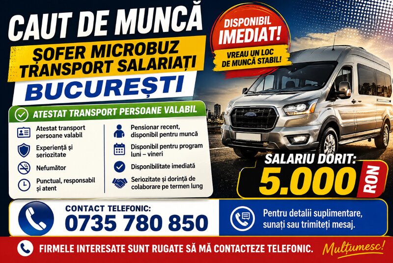 Caut loc de munca in Bucuresti Ilfov, ca sofer categoria B/D Microbuz